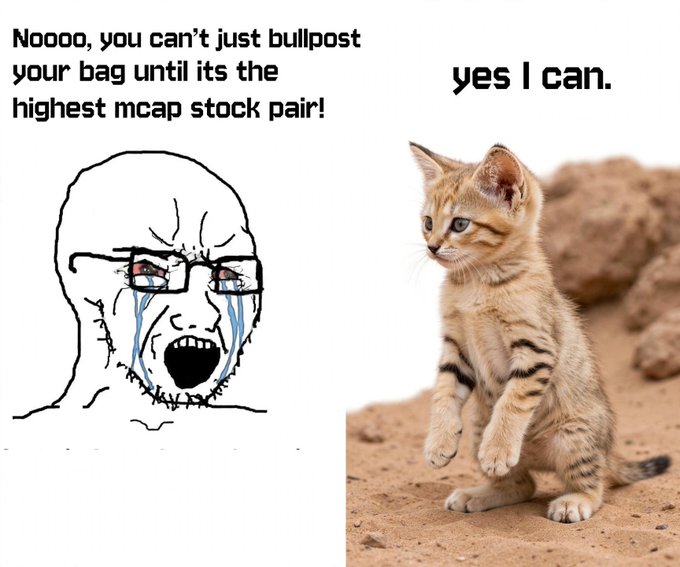 A 'soyjak vs. cat' meme with the soyjak crying and saying 'Noooo, you can't just bullpost your bag until its the highest mcap stock pair!' while the confident cat replies 'yes I can.'