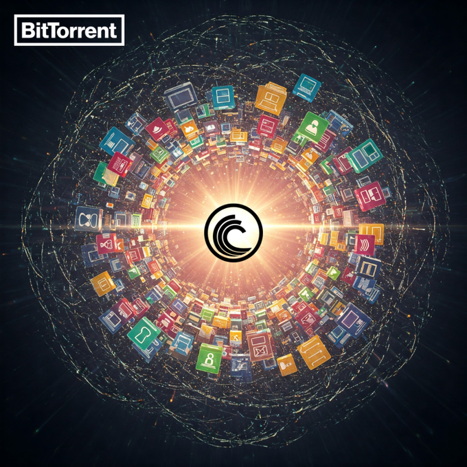 A promotional graphic for 'BitTorrent' featuring its logo in the center, surrounded by a colorful 3D sphere of various app/document icons radiating outward against a dark space-like background.