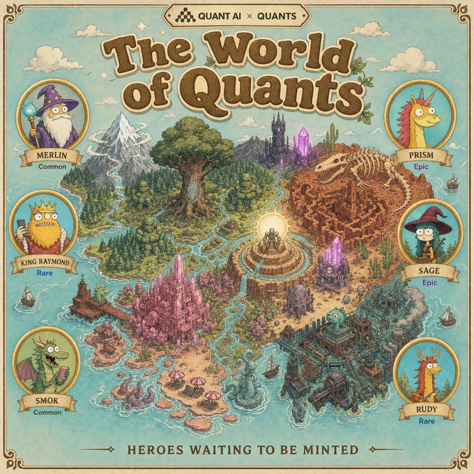 'The World of Quants' promotional artwork by Quant AI × Quants featuring a fantasy map with characters labeled Merlin (Common), King Raymond (Rare), Smok (Common), Prism (Epic), Sage (Epic), and Rudy (Rare).