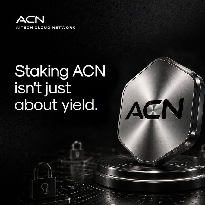 A metallic ACN (AITECH CLOUD NETWORK) token rests on a circular platform beside padlocks, with text reading "Staking ACN isn't just about yield." The padlocks symbolize the secure, utility-driven nature of staking ACN, which goes beyond financial returns to enable controlled API and agent deployment via ERC-8004.