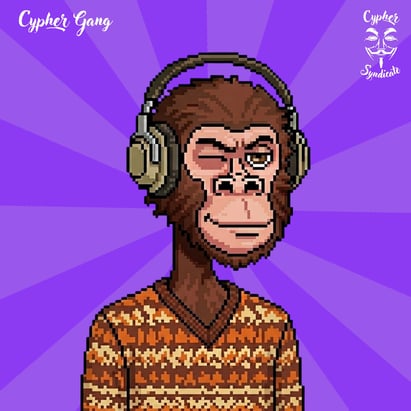 A pixel art illustration of a monkey wearing headphones and a patterned sweater against a purple radial background, with "Cypher Gang" text in the top left and a "Cypher Syndicate" logo in the top right.