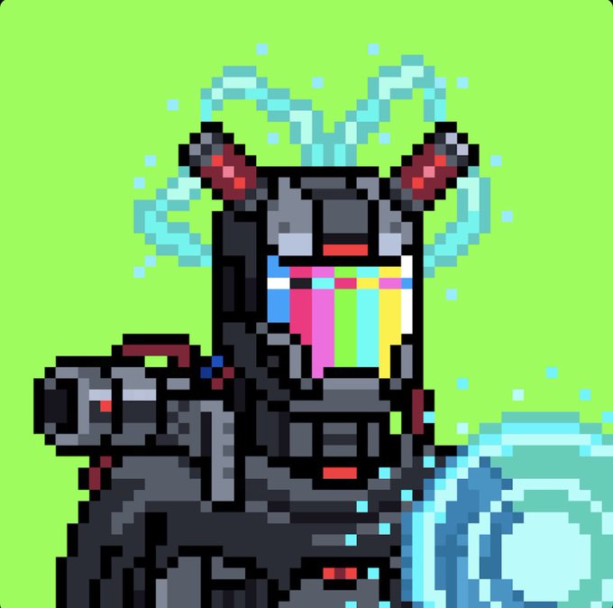The image features a robot with a helmet that has multiple colors, including red, blue, green, yellow, and purple. The robot appears to be wearing a black suit and is holding a shield in its right hand. The background of the image is a vibrant green color, which contrasts with the robot's colorful attire. There are also some text elements present in the image that read "This is my Solcity from @Solgodsnfts Have you minted yet?".