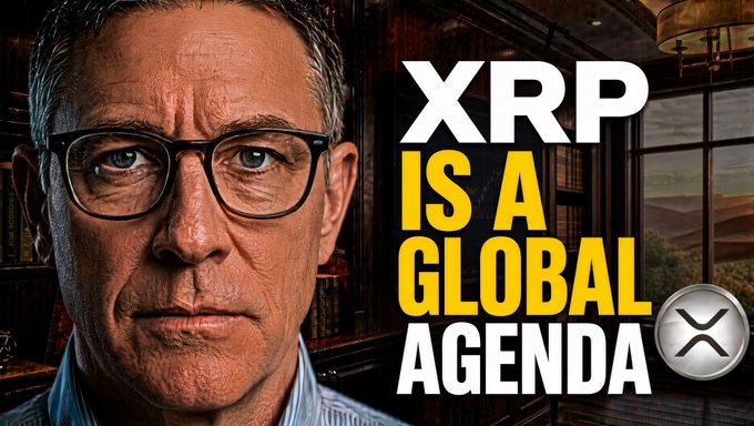 The image is a YouTube thumbnail showing a close-up of a serious-looking man wearing glasses, with bold text reading "XRP IS A GLOBAL AGENDA" alongside the XRP logo. This visual aligns with the post's claim about XRP's worldwide significance, designed to promote the YouTube video presenting 101 reasons for its importance.
