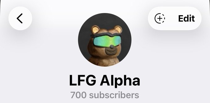 The image shows a profile page for "LFG Alpha," a community with 700 subscribers, featuring a brown teddy bear avatar wearing iridescent sunglasses. It relates to the post by serving as a visual promotion of the "LFG Alpha" Telegram group, where the author is offering 50 whitelist spots for an upcoming Robinhood mint.