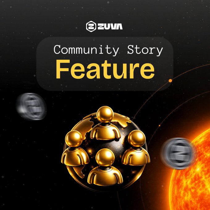 A space-themed promotional graphic for ZUVA announcing a 'Community Story Feature' with golden figures on a globe.