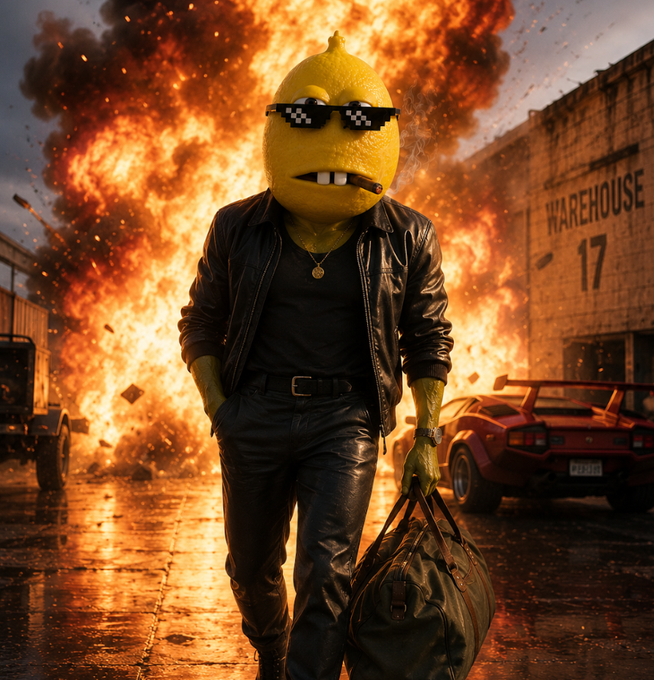 A surreal AI-generated image of an anthropomorphic lemon wearing pixelated sunglasses, a black leather jacket, and holding a duffel bag while standing in front of a massive explosion at Warehouse 17.