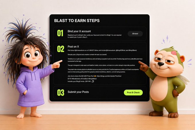 The image features a cartoon girl with long hair wearing a purple shirt standing next to two cartoon animals - a bear and a raccoon - who are also dressed up. The background of the image shows a white wall, and there's a poster on the wall that reads "Blast to Earn Steps". The text in the image suggests that the girl is trying to win a contest or a prize by following certain steps outlined on the poster.