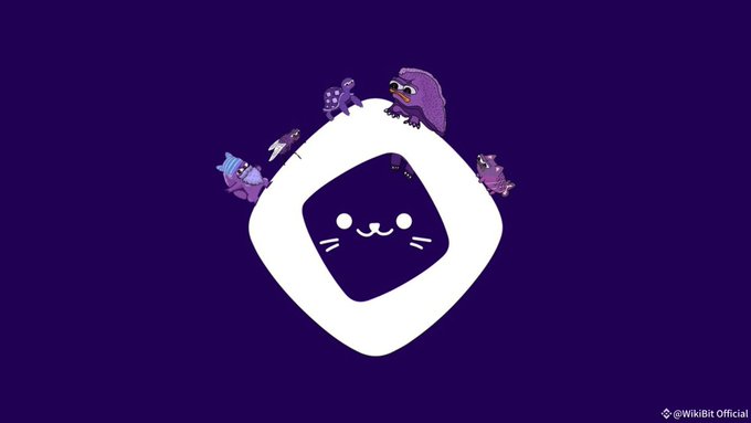 A cute white rounded-square mascot with a smiling face and whiskers surrounded by small purple bird characters on a dark purple background, credited to @WikiBIt.Official.