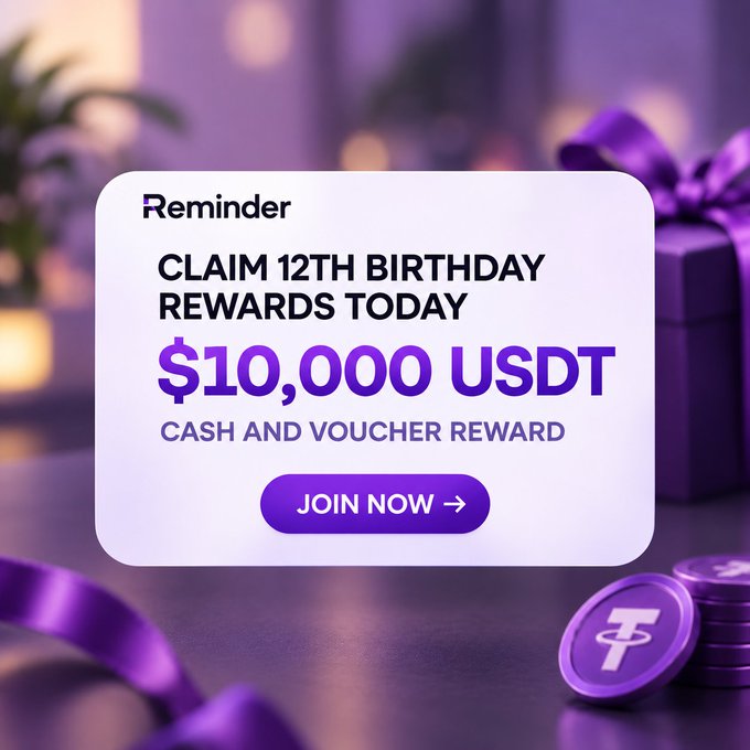 A promotional advertisement featuring a purple-themed birthday celebration with text reading 'Reminder CLAIM 12TH BIRTHDAY REWARDS TODAY $10,000 USDT CASH AND VOUCHER REWARD' and a 'JOIN NOW' button, alongside USDT (Tether) cryptocurrency coins.