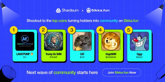 Shardeum x Sikka.fun promotional banner highlighting top community coins: LAHATPUMP, Trump On SHM ($TRUMP), CAT ($CAT), DogeSHM ($DOGE$HIM), and Oggy ($OGGY).