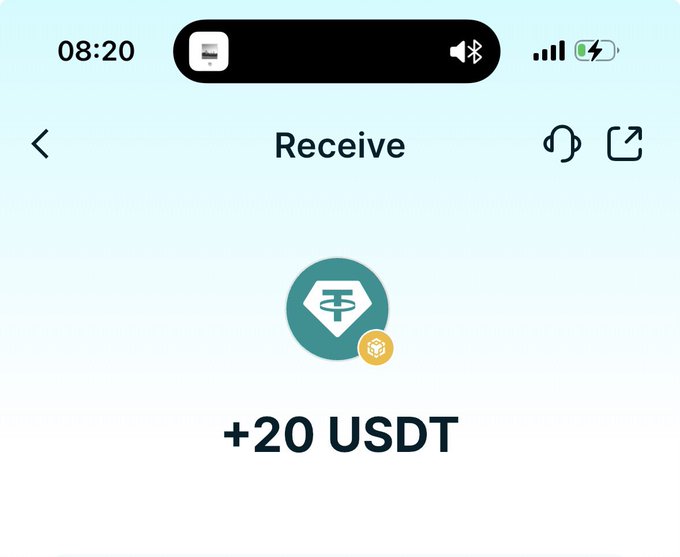 A mobile app screen showing a 'Receive' transaction of '+20 USDT' with a Tether logo.