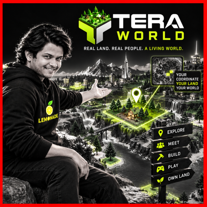 A promotional poster for 'TERRA WORLD' showing a man in a Lemonade hoodie beside a digital landscape, with options to Explore, Meet, Build, Play, and Own Land.