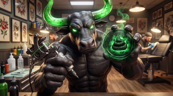 An AI-generated image of a muscular minotaur tattoo artist with glowing green horns holding a tattoo machine and a bubbling green potion in a tattoo parlor.