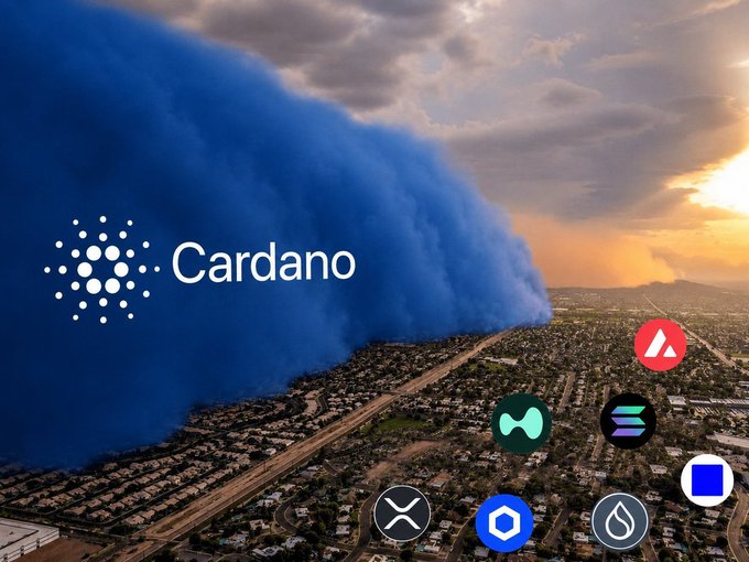 A massive wall of dust approaches a sunlit city, with the Cardano logo overlaid on the storm, while other crypto project icons (SushiSwap, MultiversX, Axie Infinity, XRP, Chainlink, Sui) cluster in the foreground—visually representing the post's claim that something huge is coming to the Cardano ecosystem.