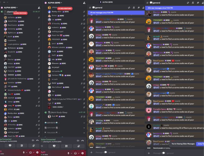 A Discord server called "ALPHA GEMS" shows multiple users spamming the same message in the #general channel, with most users stating "u need to find us some cooks we all poor" repeatedly, while one user finally responds "chill chill we are having Older Massage" attempting to calm the group.