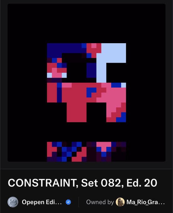 Pixelated abstract artwork titled 'CONSTRAINT, Set 082, Ed. 20' owned by Ma_RioGra..., displayed on a dark background with blue and pink geometric shapes.