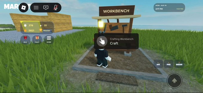 A screenshot from a Roblox-style game where a player character interacts with a 'Crafting Workbench' to 'Craft' items in a grassy field.