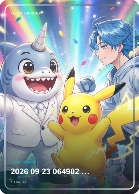 A Pokémon-themed 1st anniversary card featuring a happy Pikachu, a unicorn-like Pokémon in a suit, and a blue-haired anime character, labeled 'AIA-09ZJL64' with date '2026 09 23'.