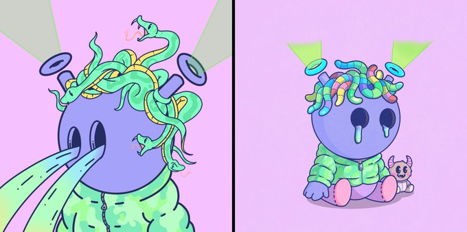 A pastel-hued Medusa-like character with green snake hair and teary eyes appears in two views, accompanied by a small pink bunny, reflecting the artist @quirkbud's stylized "GRAIL" NFT artwork noted for its long-standing status since minting.