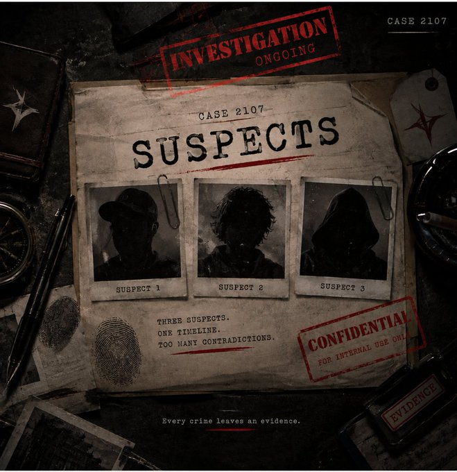 A detective-themed graphic for 'CASE 2107' showing three suspect photos labeled 'SUSPECT 1', 'SUSPECT 2', and 'SUSPECT 3' with the text 'THREE SUSPECTS. ONE TIMELINE. TOO MANY CONTRADICTIONS.', stamped with 'INVESTIGATION ONGOING' and 'CONFIDENTIAL'.