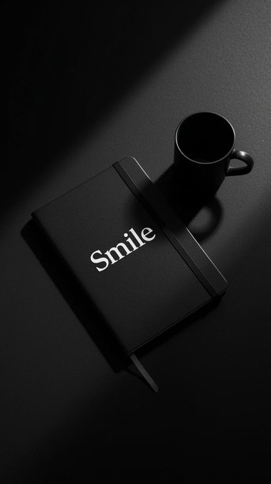 A sleek black notebook with the word "Smile" in white lettering sits beside a matte black coffee mug on a dark surface, casting dramatic shadows. The minimalist, monochromatic scene pairs with the "Good morning CT" greeting, suggesting a calm and intentional start to the day.