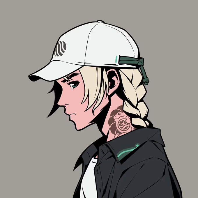 An anime-style illustration of a character in profile with blonde braided hair, wearing a white cap and black jacket, featuring a neck tattoo.