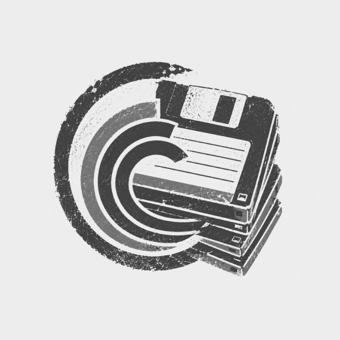 A stylized black and white graphic illustration combining a circular spiral or 'C' shape with a stack of floppy disks, rendered with a distressed, grunge texture.