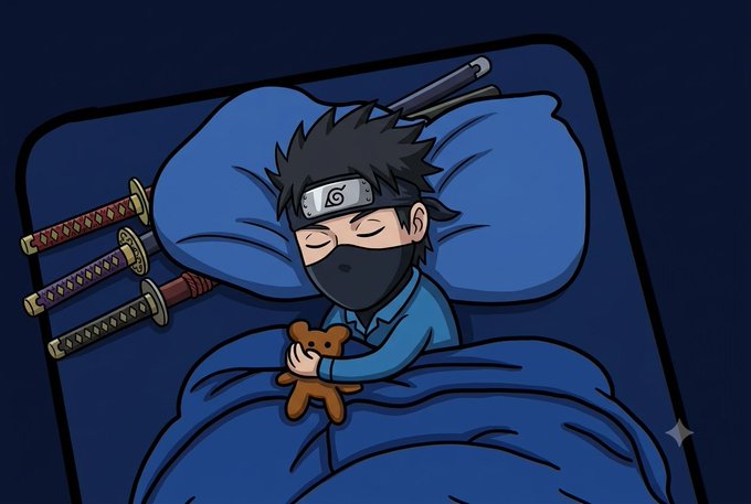 A cartoon illustration of a ninja character sleeping in bed, wearing a headband with a spiral symbol, hugging a teddy bear, with three katanas resting on the pillow beside them.