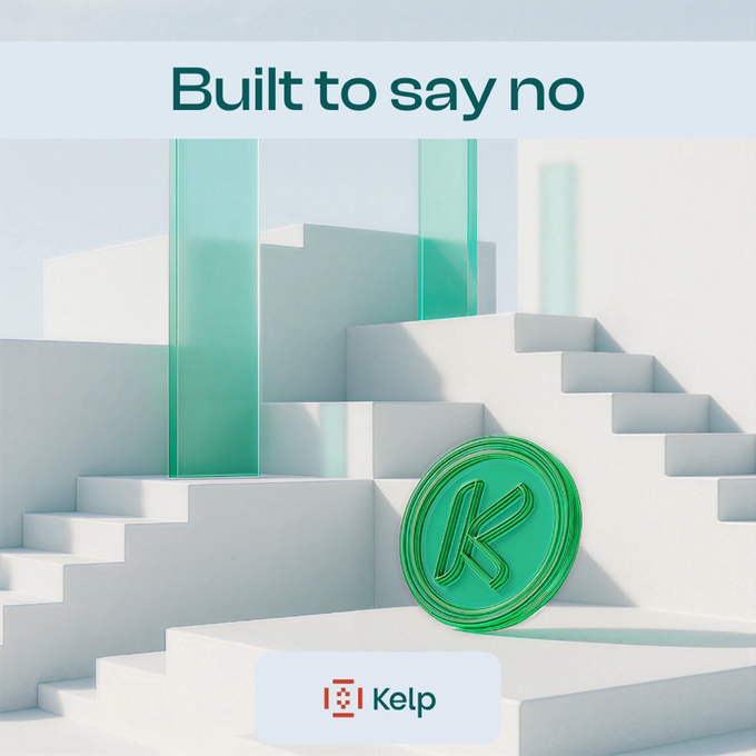 The image displays a minimalist white architectural scene featuring stepped platforms and translucent teal glass panels, with a prominent green coin embossed with the letter "K" resting on a step, beneath the headline "Built to say no." The "Kelp" logo appears at the bottom, visually reinforcing the post's message about KUSD's credit framework being deliberately designed to reject risky loans rather than chase yield.