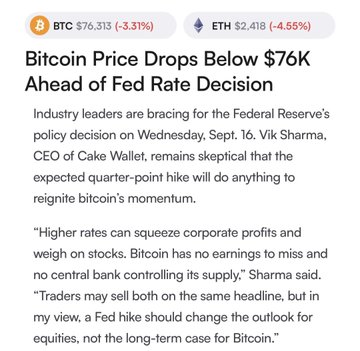 A news article titled 'Bitcoin Price Drops Below $76K Ahead of Fed Rate Decision' showing BTC at $76,313 (-3.31%) and ETH at $2,418 (-4.55%), featuring quotes from Vik Sharma, CEO of Cake Wallet.