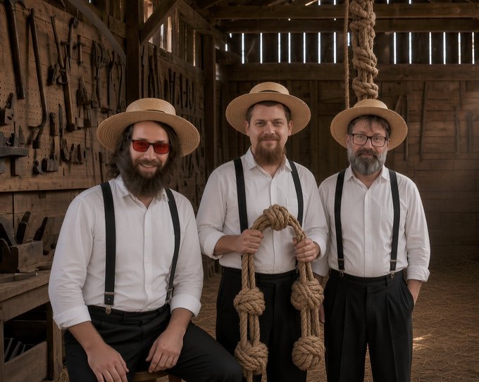 Three bearded men wearing straw hats, white button-up shirts, and black suspenders pose inside a rustic wooden barn; the man in the center holds a large knotted rope.