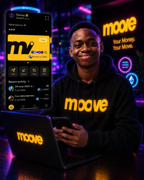 A young man wearing a "moove" hoodie smiles at his phone, with the Moove wallet app interface displayed beside him showing a USDC balance and recent activity, alongside the tagline "Your Money. Your Move."—visually reinforcing the testimonial's emphasis on the platform's user-friendly design and all-in-one crypto features.