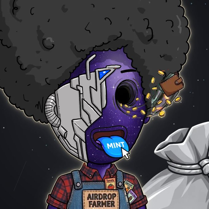 A stylized cartoon farmer with a galaxy-patterned face, a robotic mask, coins bursting from one eye, and a blue tongue labeled “MINT”; the clothing patch reads “AIRDROP FARMER.”