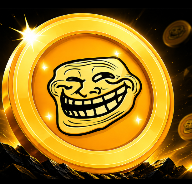A glowing gold coin featuring the iconic Trollface meme, set against a cosmic background with smaller trollface coins floating around, visually representing the launch of the $TROLL memecoin on Solana via Pump.fun. The polished, award-style design emphasizes the "pure meme energy" and troll-themed branding of the upcoming token.