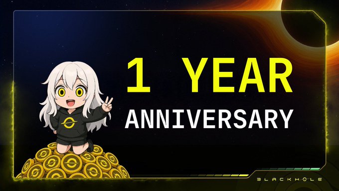 A chibi character with white hair and a "BLACKHOLE" sweatshirt poses with a peace sign beside the text "1 YEAR ANNIVERSARY" against a space-themed background featuring an eclipsed sun, celebrating Blackhole's one-year milestone with key metrics including $31.8B cumulative volume and 914M BLACK burned.