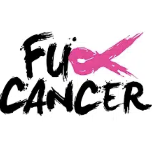 The image features a bold, graffiti-style graphic with the text "F**K CANCER" in black brushstroke lettering, accented by a bright pink ribbon that cleverly replaces part of the word to symbolize breast cancer awareness.

The imagery directly ties to the post's mention of a "cancer vaccine 3m" and "cancer slogan 7k," reflecting the irreverent yet defiant attitude of the cryptocurrency community using provocative slogans tied to cancer awareness or treatment tokens.