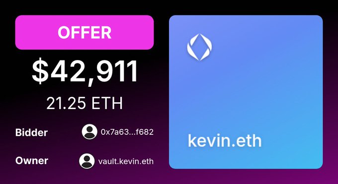 The image shows a purple square with white text that reads "Offer 42,911 Bidder 21,25 Eth Kevin.eth". This suggests that there might be an offer for a cryptocurrency exchange or a bidding system related to cryptocurrencies. The image also includes a small image of a person's face and the words "Kevin.eth" in the bottom right corner.