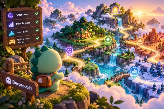 A whimsical fantasy landscape showing a green dinosaur-like character overlooking a floating island world with cascading waterfalls, featuring a 'Sleepagotchi' sign and checklist showing 'Better Sleep', 'More Progress', 'New Roads', and 'Unlock More Worlds'.