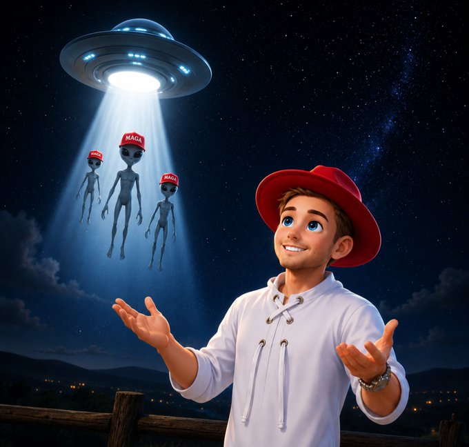 A young man in a red cowboy-style hat gazes up in wonder as a UFO beams down three gray aliens all wearing red "MAGA" caps, perfectly visualizing the post's "MAGA Aliens" meme of an extraterrestrial cult forming around the $MAGA token. The whimsical scene captures the tongue-in-cheek absurdity of the post, framing believers as the calm observer while the alien "cult" descends from the stars to build their own meta.
