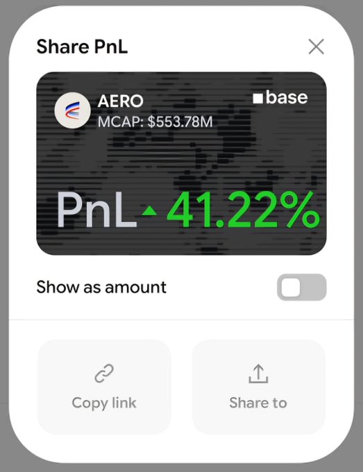 A mobile app screenshot titled 'Share PnL' shows an AERO token on Base network with MCAP of $553.78M and a green PnL of 41.22%, with options to copy link or share.