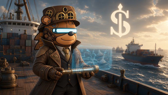 A digital illustration of a teddy bear dressed as a steampunk sailor with goggles, holding a brass telescope that projects a holographic map, set against a backdrop of cargo ships on the ocean with a glowing anchor symbol.