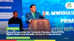 A news broadcast screenshot showing Tanzania's Prime Minister at a podium during the launch of the Tanzania Chamber Portal (TCP), with a news ticker from taasumafrica.com.