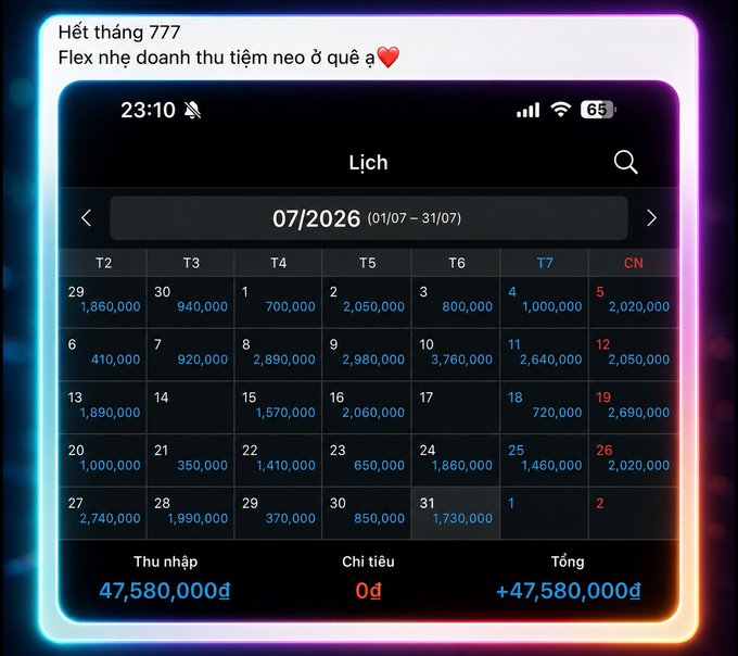 A smartphone screen shows a calendar app in Vietnamese titled "Hết thằng 777" tracking daily income, displaying a monthly total revenue of 47,580,000đ for July 2026.