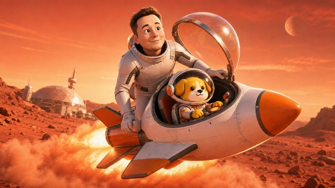 A 3D-rendered astronaut pilots a rocket across a red, Mars-like landscape with a small puppy wearing a space helmet and spacesuit seated beside him, perfectly capturing the adventurous spirit of the "$SpaceDog" community creation event on BSC.