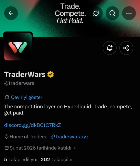 A mobile screenshot of a Twitter/X profile page for 'TraderWars' (@traderwars), displaying the tagline 'Trade. Compete. Get Paid.', describing itself as 'The competition layer on Hyperliquid', with a Discord link (discord.gg/dkBCtC7RkZ) and 202 followers.