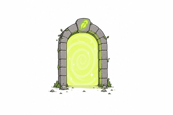 A stone archway portal glows with swirling green light and features a leaf emblem at its top, symbolizing the imminent launch of "The Rangers" NFT collection on Robinhood with minting about to begin.