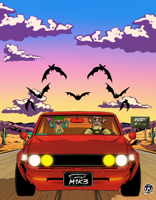 A cartoon-style illustration depicts two skull-faced characters driving a red convertible car through a desert landscape at sunset, with bats flying overhead and a "NEAREST 01.26" road sign visible.
