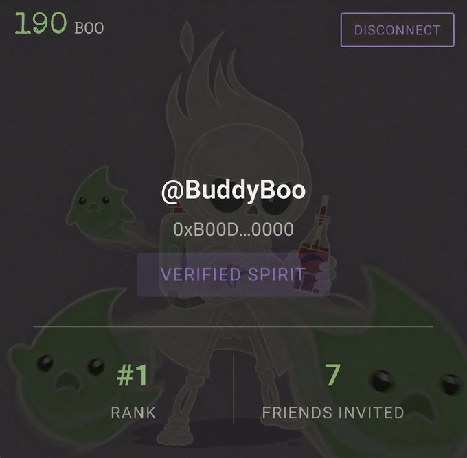 A dark-themed app or game profile screen for '@BuddyBoo' showing 190 Boo points, a 'Verified Spirit' badge, rank #1, and 7 friends invited, with faint ghost graphics in the background.