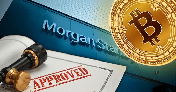 A promotional graphic displays 'Morgan Stanley' on a building sign next to a gold Bitcoin coin, a gavel, and a document stamped 'APPROVED', suggesting institutional crypto approval.