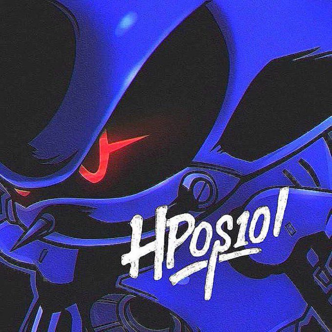 An anime-style robotic character in blue and black with a red glowing eye, overlaid with the text 'HPos101'.